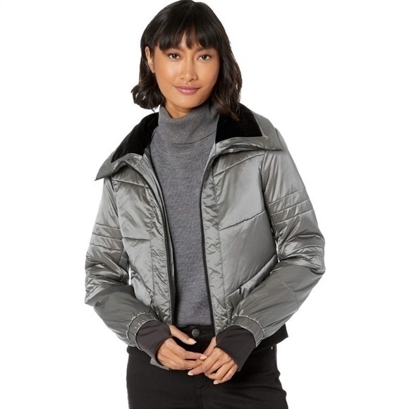 blanc noir Jackets & Blazers - blanc noir Silver Puffer Jacket with Black Trim